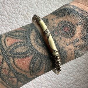 Vintage Bohemian Silver and Cream Alternating Design Bangle Costume Bracelet